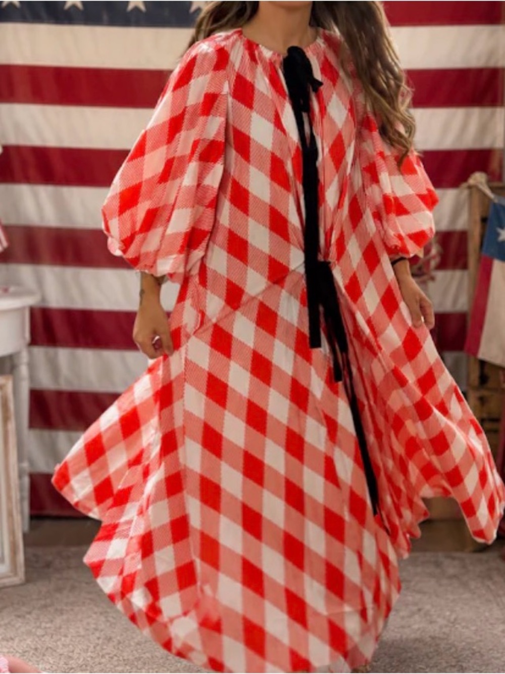 Red & White Gingham Maxi Dress with Tie Front